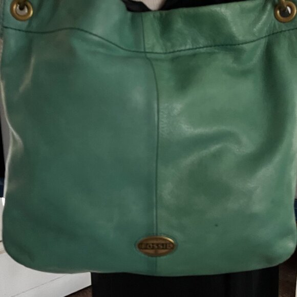 FOSSIL 2 TONE LEATHER AQUA/TEAL SHOULDER BROWNLEATHERBAG W/BRASS TONE HARDWARE - Picture 10 of 12